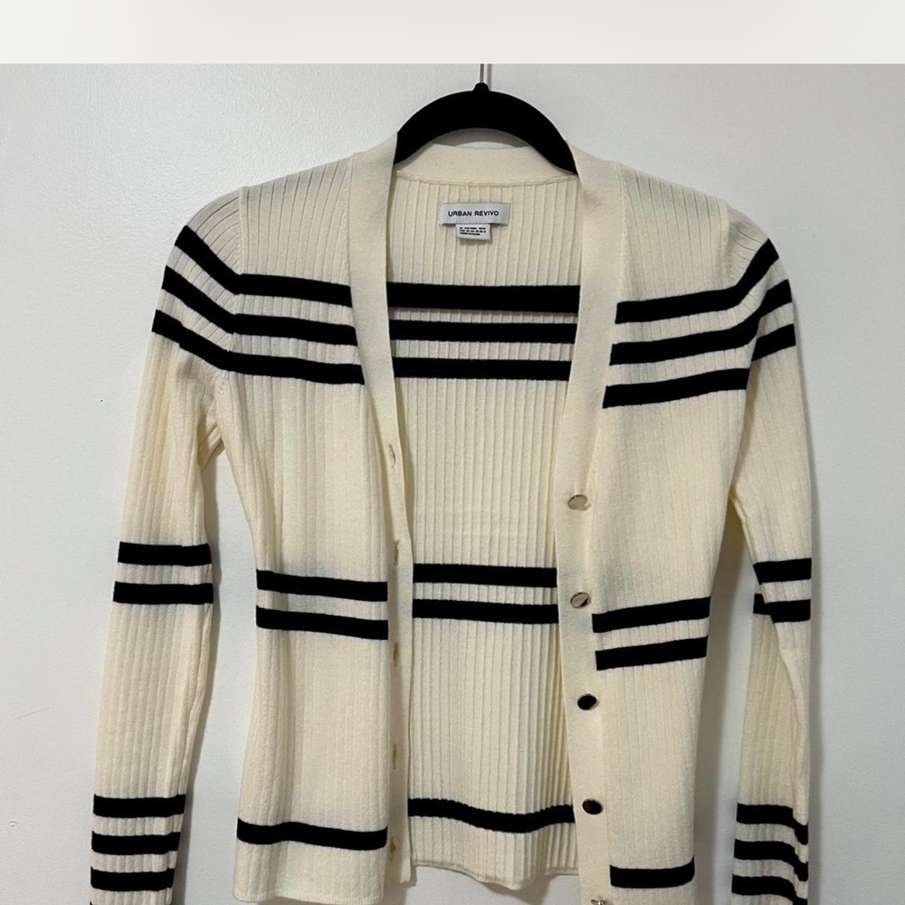Urban Revivo Cream & Black Striped Ribbed Cardigan